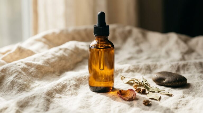 Amber glass bottle of luxury botanical body oil resting on cream linen, body oil vs lotion, Piton Noir Botanicals Boston