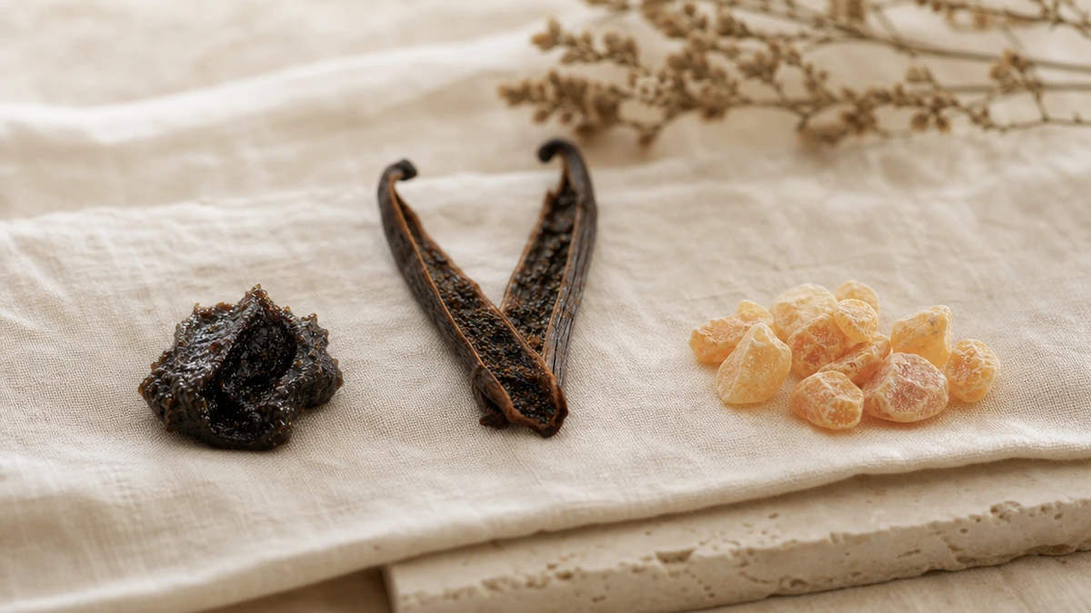 Labdanum resin, a split vanilla pod and pale benzoin chunks on cream linen, Piton Noir Botanicals Boston