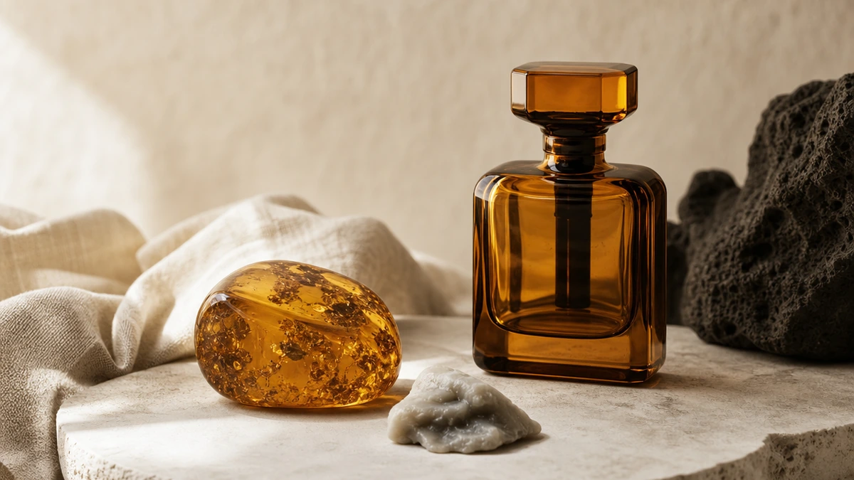 Fossil amber stone, a grey waxy lump and an amber glass perfume bottle on pale stone, Piton Noir Botanicals Boston