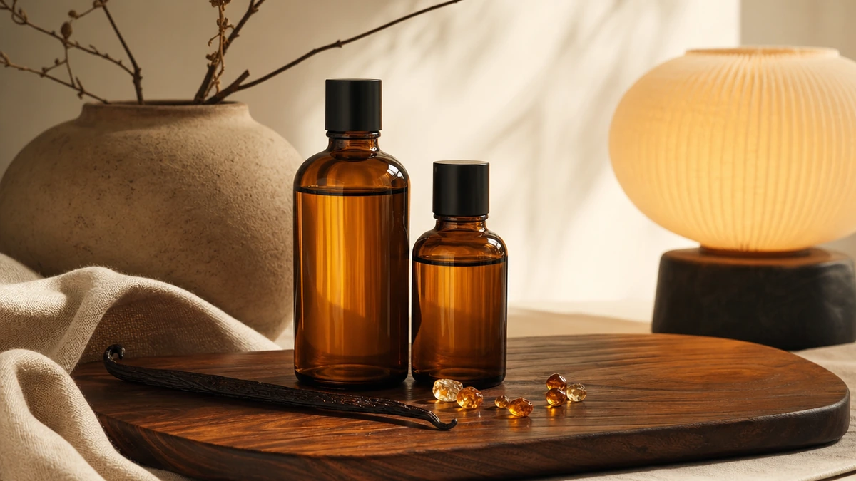 Two amber glass body oil bottles on dark wood with a vanilla pod and resin tears, Piton Noir Botanicals Boston