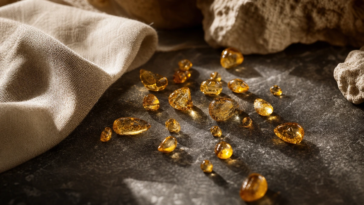 Translucent golden resin tears glowing on dark stone in warm side light, amber scent, Piton Noir Botanicals Boston