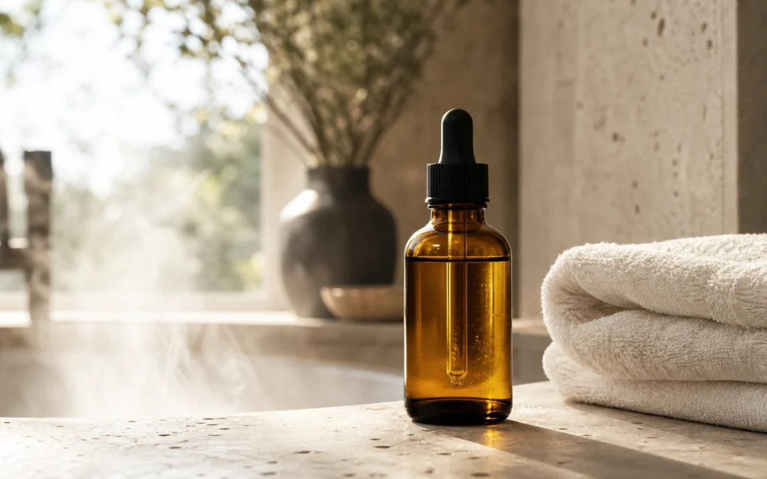 Amber body oil bottle on warm stone beside a folded towel in a steamy bathroom, Piton Noir Botanicals Boston