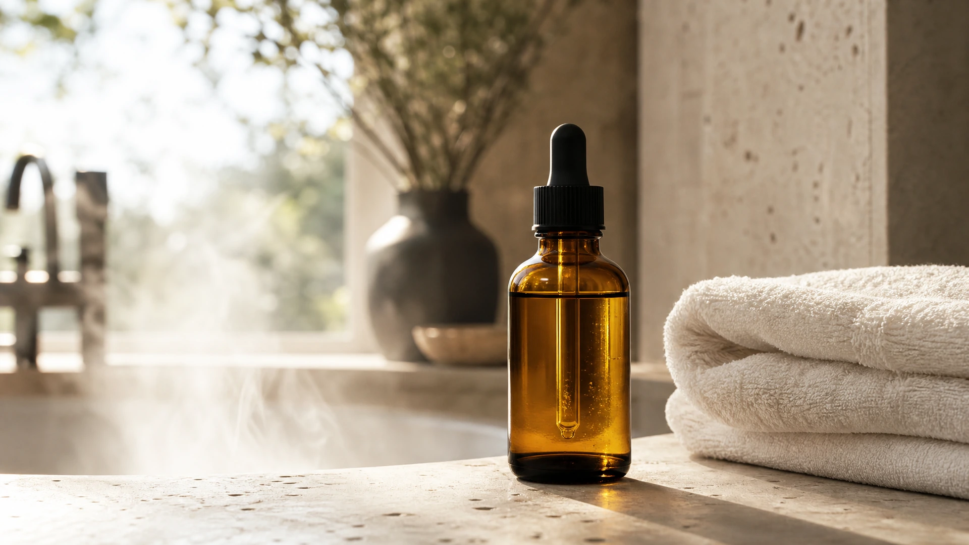 Amber body oil bottle on warm stone beside a folded towel in a steamy bathroom, Piton Noir Botanicals Boston