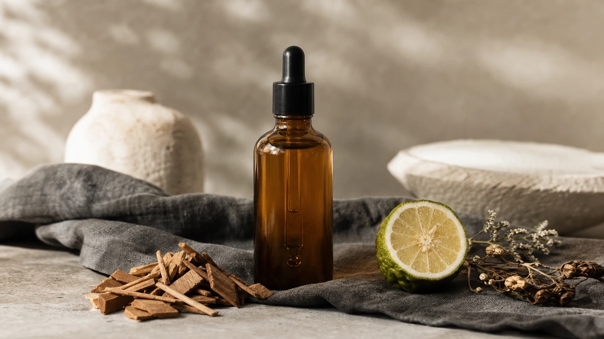 Amber glass body oil bottle with sandalwood chips, bergamot and dried florals on charcoal linen, Piton Noir Botanicals Boston