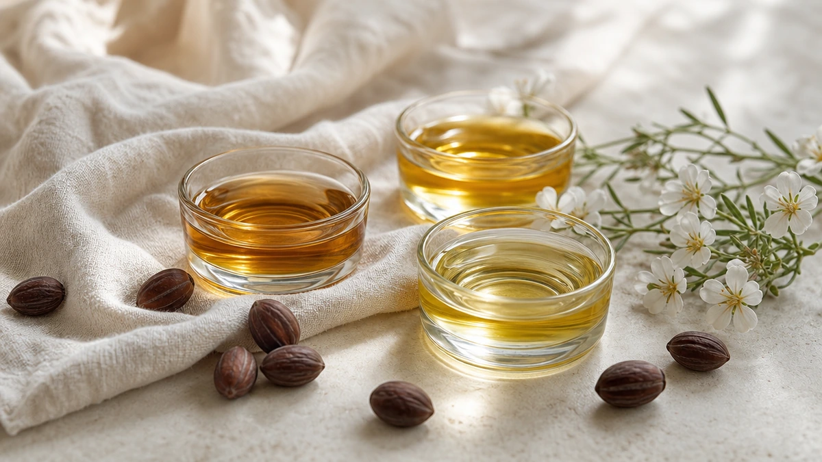 Three dishes of golden carrier oils with jojoba seeds and white meadowfoam flowers on linen, Piton Noir Botanicals Boston