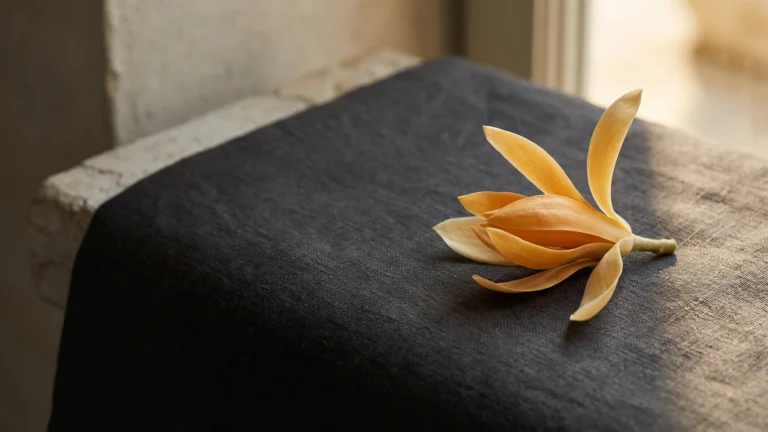 Single golden champaca flower on dark charcoal linen in soft light, champaca essential oil, Piton Noir Botanicals Boston