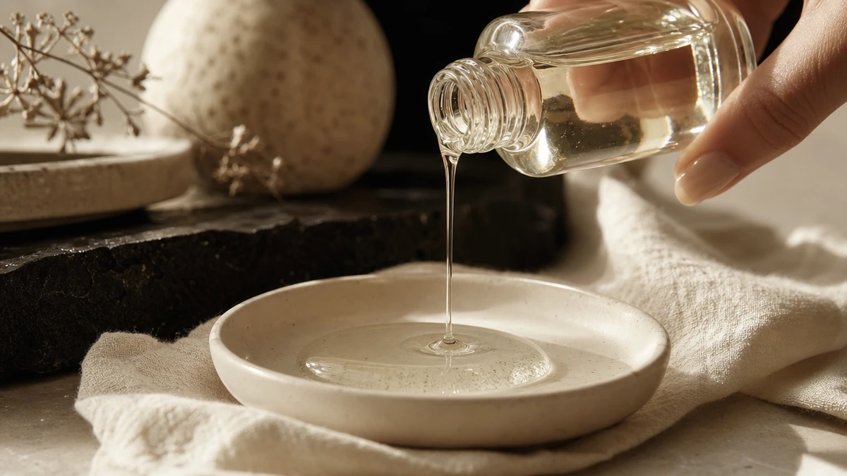 Stream of clear oil pouring from a glass bottle into a shallow ceramic dish, soft window light, Piton Noir Botanicals Boston