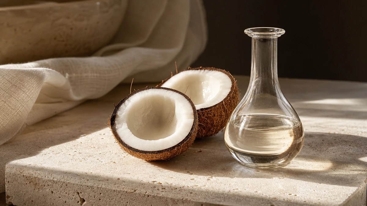 Coconut halves beside a glass flask of clear oil on pale stone, fractionated coconut oil, Piton Noir Botanicals Boston