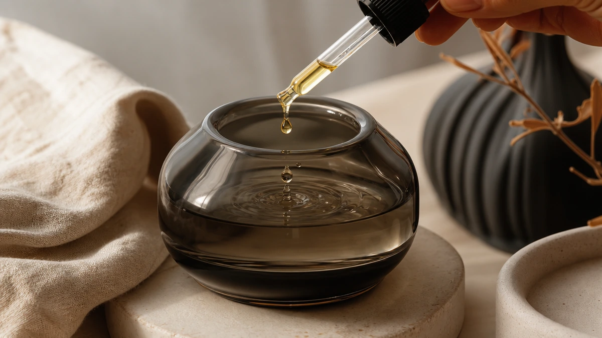 Black glass dropper releasing a golden drop of oil into a diffuser reservoir, Piton Noir Botanicals Boston