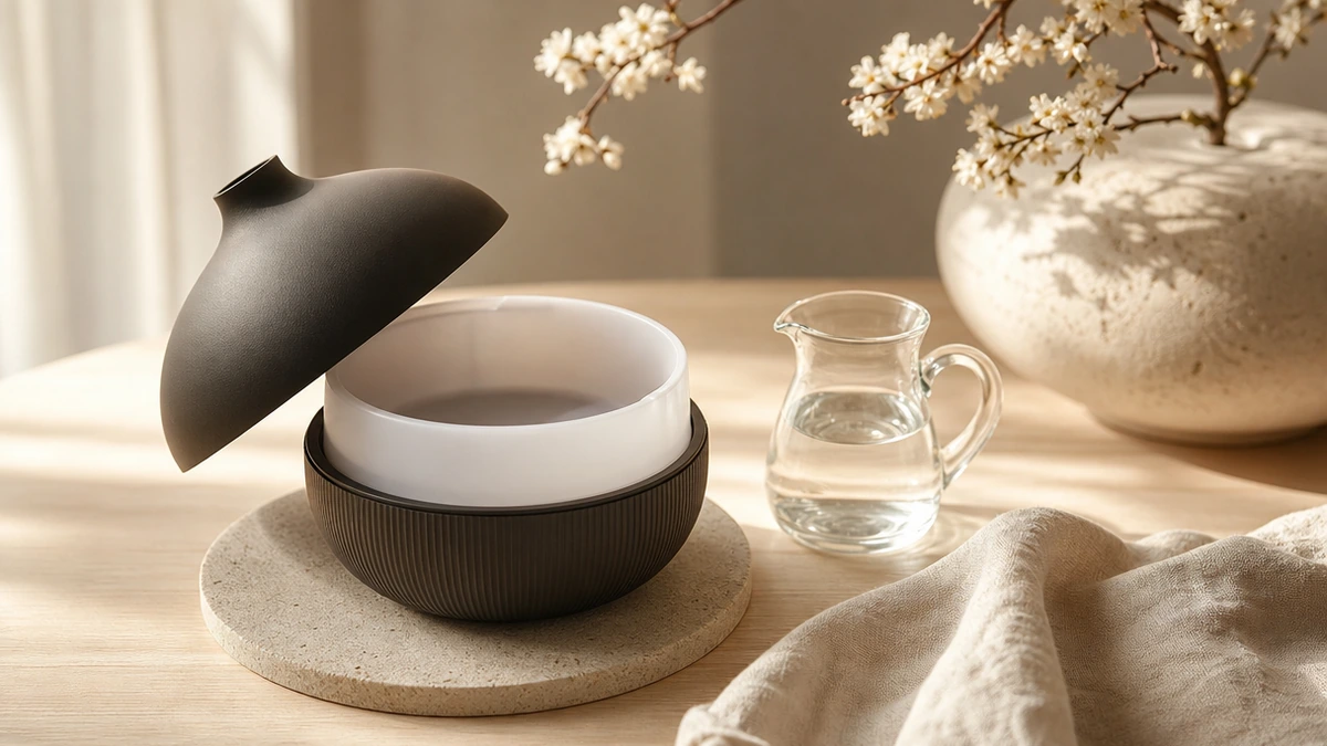 Open ultrasonic diffuser reservoir beside a small glass pitcher of water on pale wood, Piton Noir Botanicals Boston