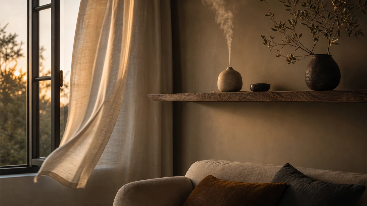 Diffuser misting on a high shelf beside a slightly open window in evening light, Piton Noir Botanicals Boston