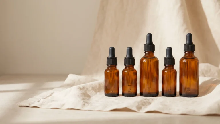 Row of amber glass botanical oil bottles on cream linen, do essential oils expire, Piton Noir Botanicals Boston