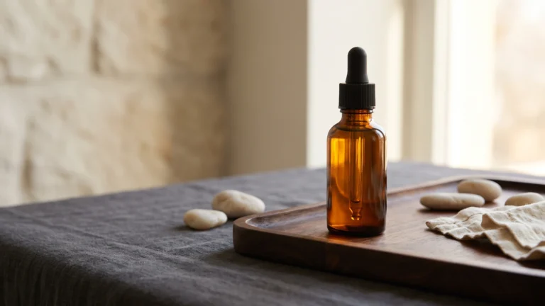 Amber glass oil bottle on a dark wood tray with charcoal linen, essential oil as cologne, Piton Noir Botanicals Boston