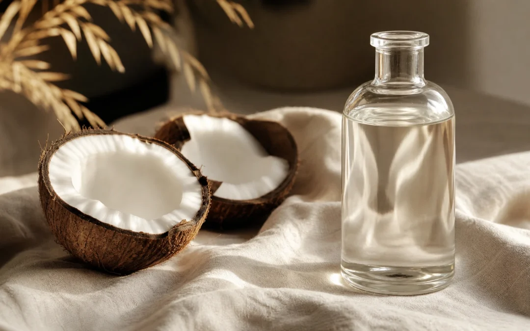 Split coconut beside a clear glass bottle of fractionated coconut oil on cream linen, Piton Noir Botanicals Boston