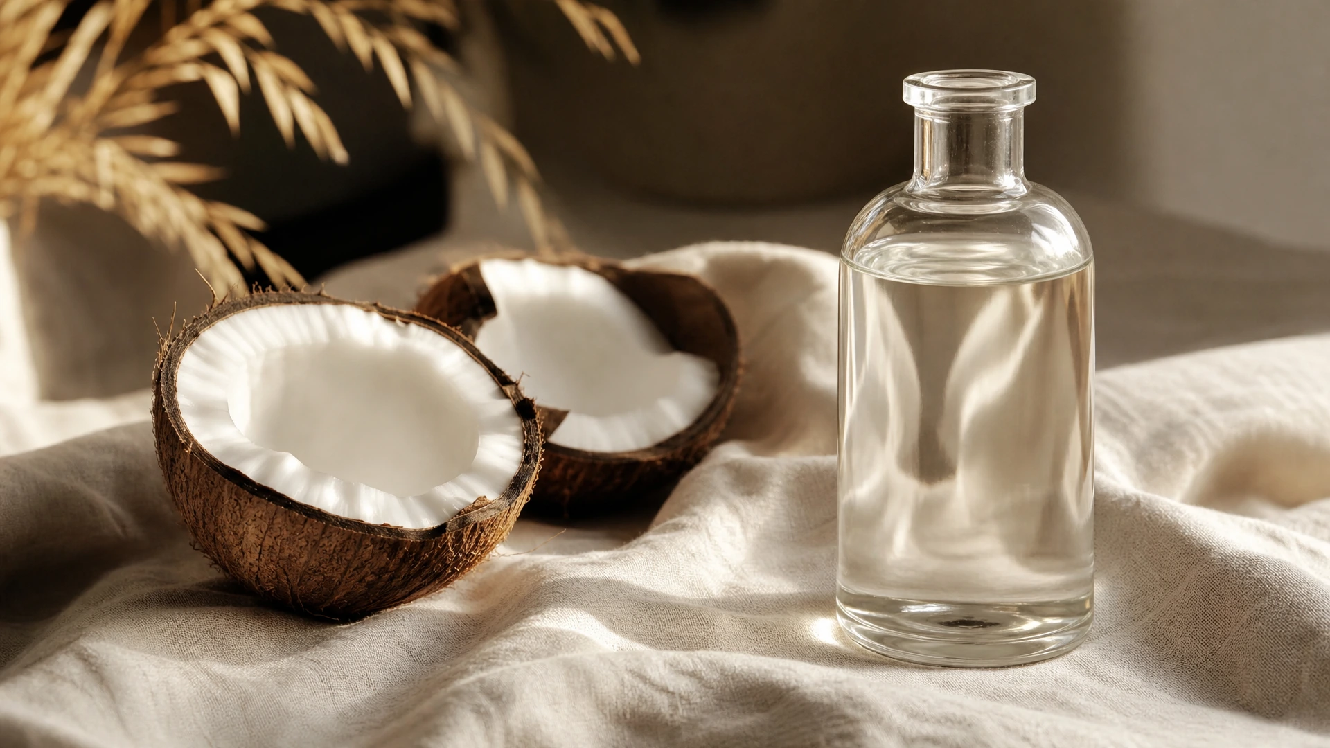 Split coconut beside a clear glass bottle of fractionated coconut oil on cream linen, Piton Noir Botanicals Boston