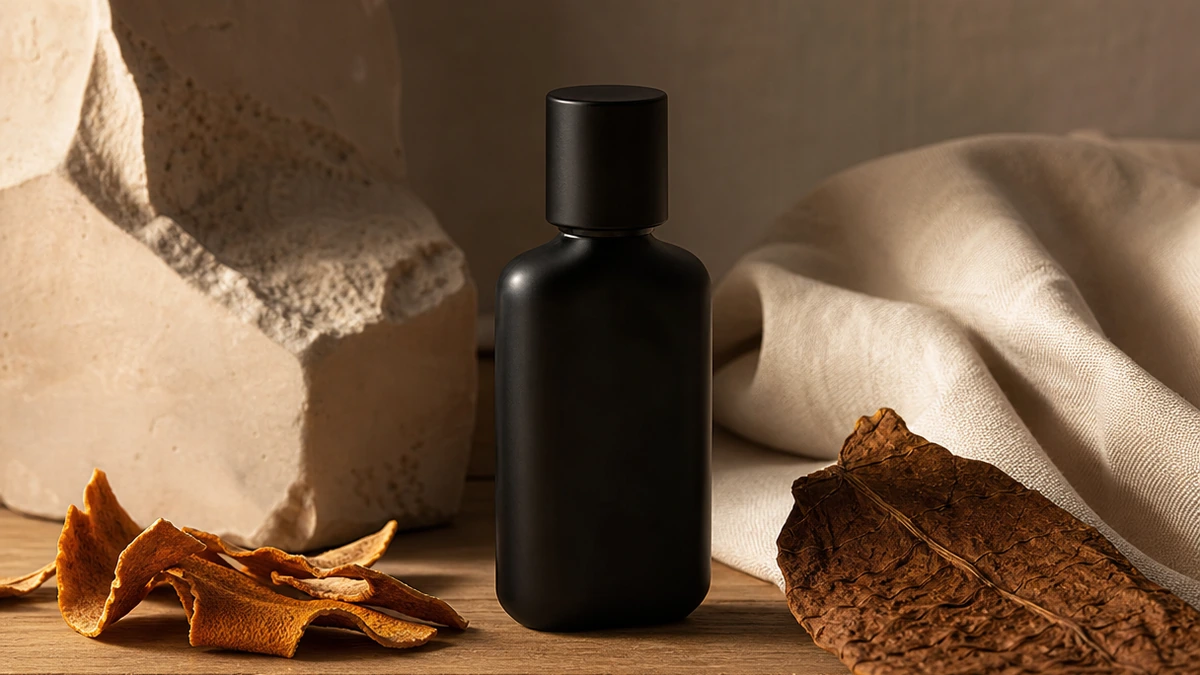 Black glass bottle of diffuser oil with dried citrus peel, tobacco leaf and linen on warm wood, Piton Noir Botanicals Boston