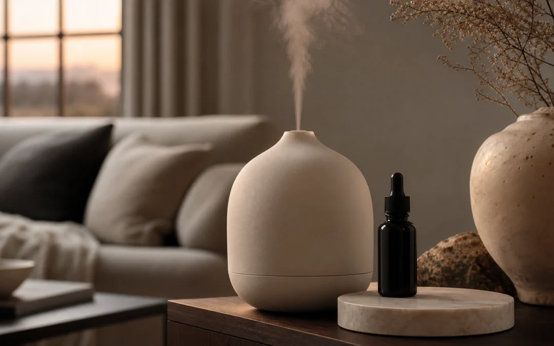 Matte ceramic diffuser releasing soft mist beside a black glass bottle of diffuser oil at dusk, Piton Noir Botanicals Boston