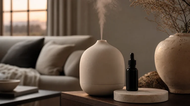 Matte ceramic diffuser releasing soft mist beside a black glass bottle of diffuser oil at dusk, Piton Noir Botanicals Boston