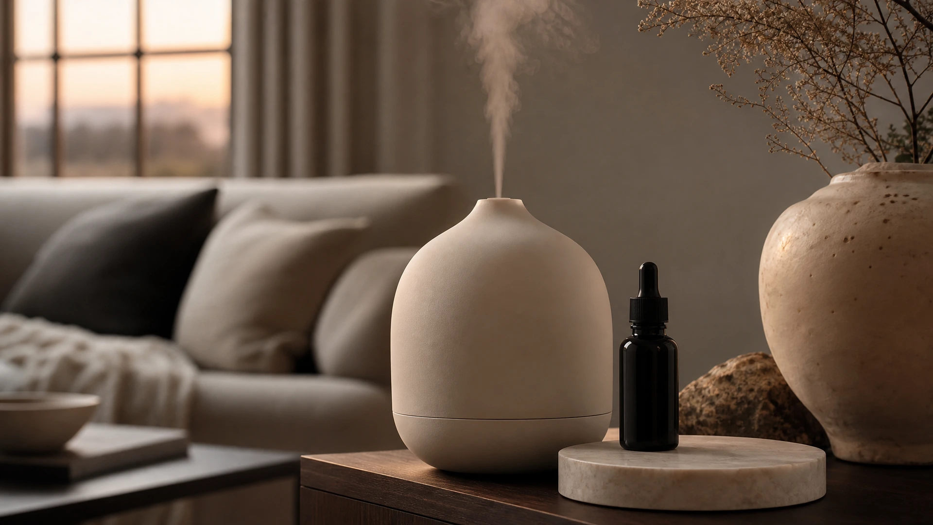Matte ceramic diffuser releasing soft mist beside a black glass bottle of diffuser oil at dusk, Piton Noir Botanicals Boston