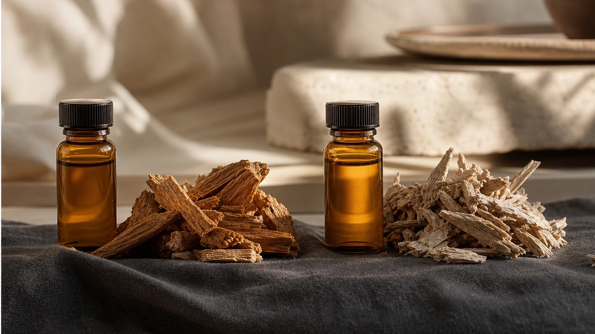 Two amber vials beside golden and paler wood chips, Indian and Australian sandalwood, Piton Noir Botanicals Boston