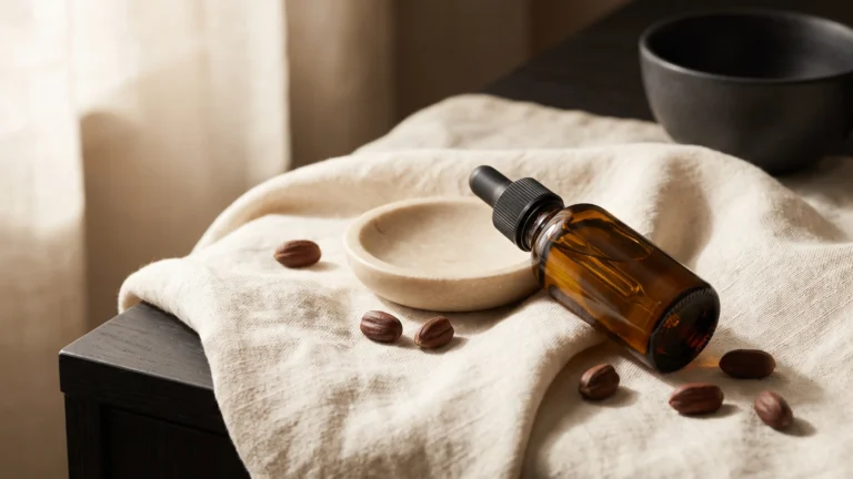 Amber glass dropper bottle of golden jojoba face oil on cream linen, jojoba oil for face, Piton Noir Botanicals Boston
