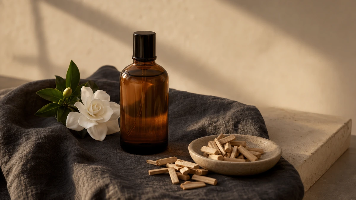 Amber body oil bottle on charcoal linen with sandalwood chips and white gardenia, Piton Noir Botanicals Boston