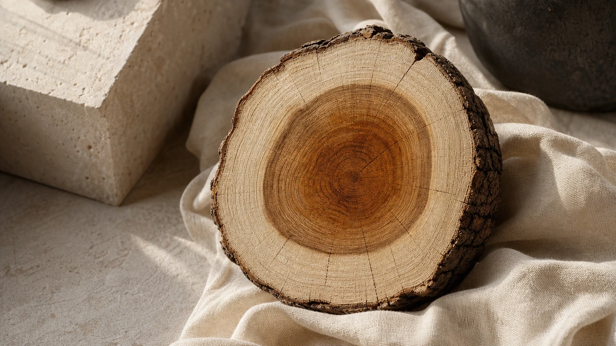 Tree trunk cross-section with a golden heartwood core and paler outer wood on cream linen, Piton Noir Botanicals Boston