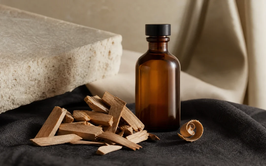 Sandalwood chips and shaved wood beside an amber bottle on charcoal linen, sandalwood scent, Piton Noir Botanicals Boston