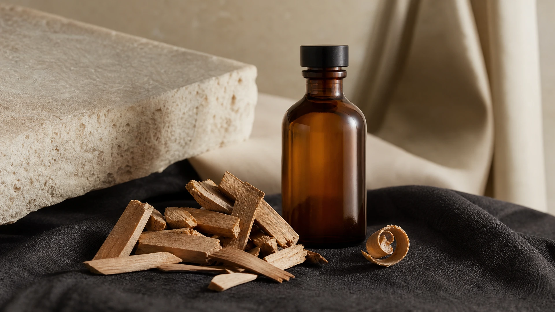 Sandalwood chips and shaved wood beside an amber bottle on charcoal linen, sandalwood scent, Piton Noir Botanicals Boston