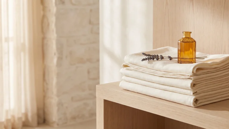 Folded linen with an amber oil bottle and dried lavender, scent clothes with essential oils, Piton Noir Botanicals Boston