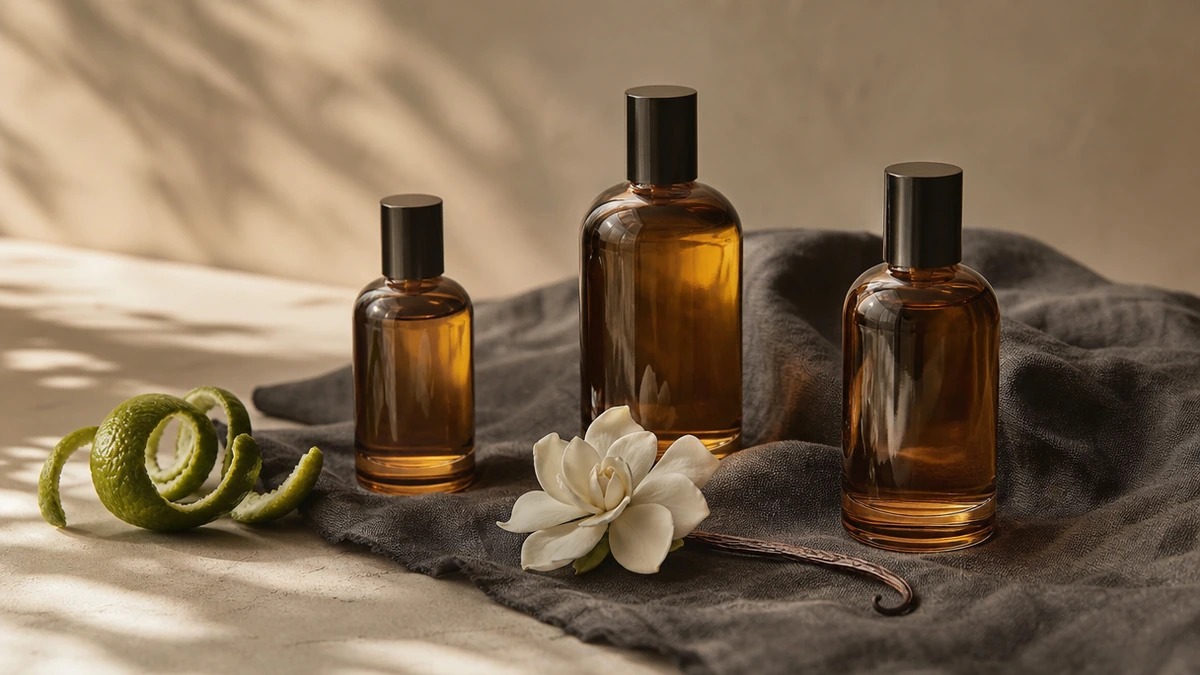 Three amber body oil bottles with bergamot peel, a gardenia and a vanilla pod on linen, Piton Noir Botanicals Boston