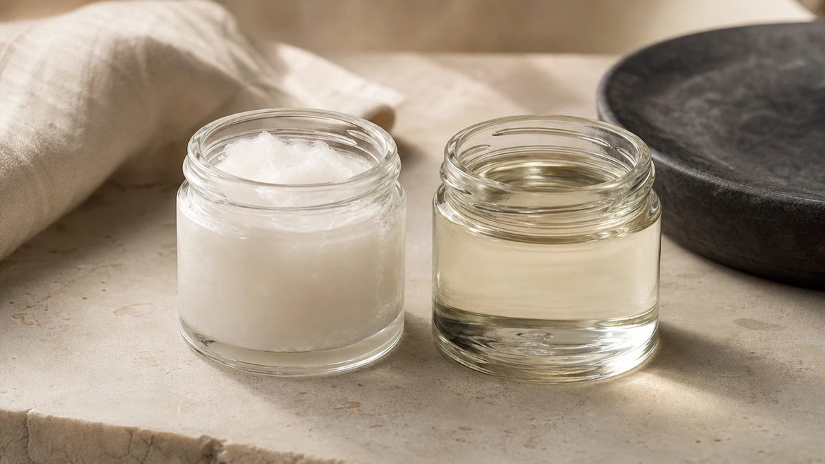 Solid white virgin coconut oil beside clear liquid oil in two glass jars on pale stone, Piton Noir Botanicals Boston