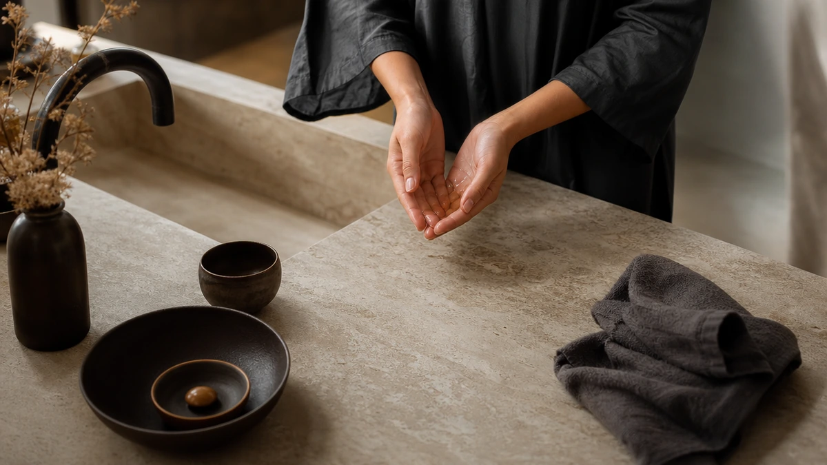 Cupped hands warming drops of body oil above a stone vanity in a steamy bathroom, Piton Noir Botanicals Boston