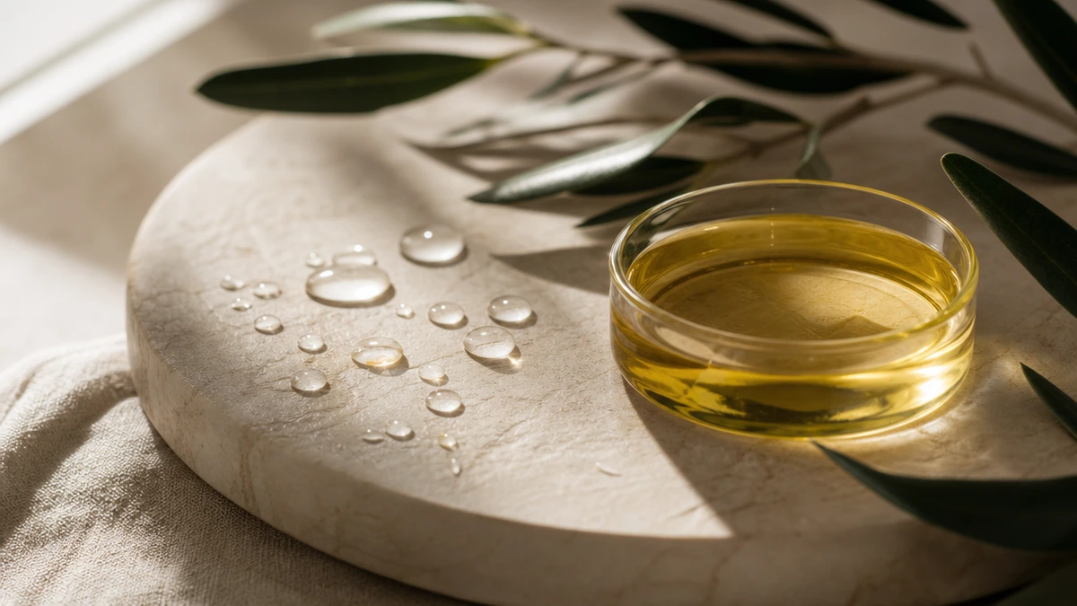 Water droplets beading on pale stone beside a glass dish of golden oil, Piton Noir Botanicals Boston