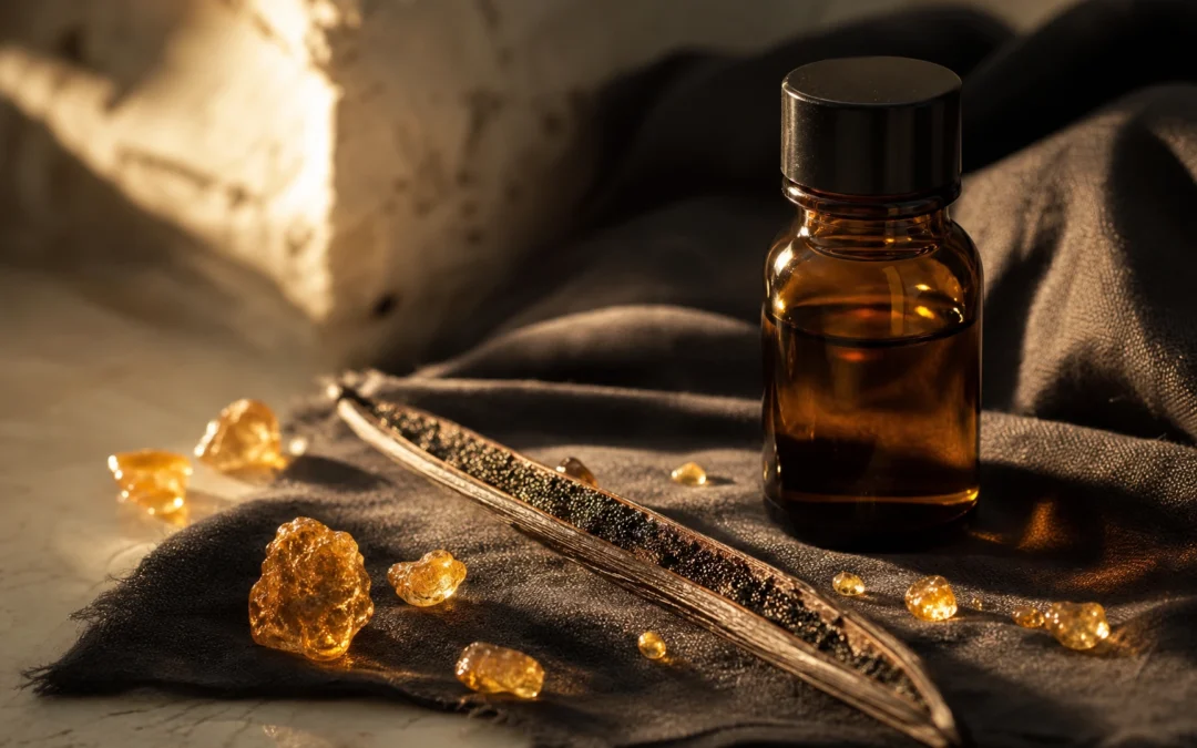 Golden resin tears and a split vanilla pod beside an amber glass bottle on charcoal linen, Piton Noir Botanicals Boston