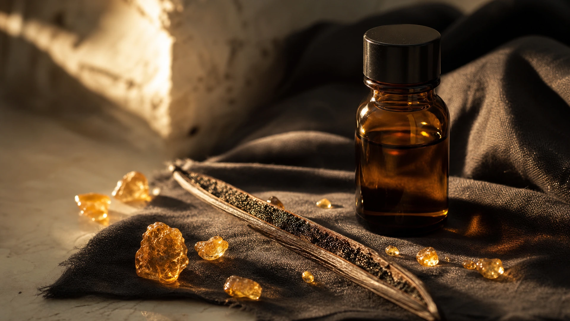 Golden resin tears and a split vanilla pod beside an amber glass bottle on charcoal linen, Piton Noir Botanicals Boston