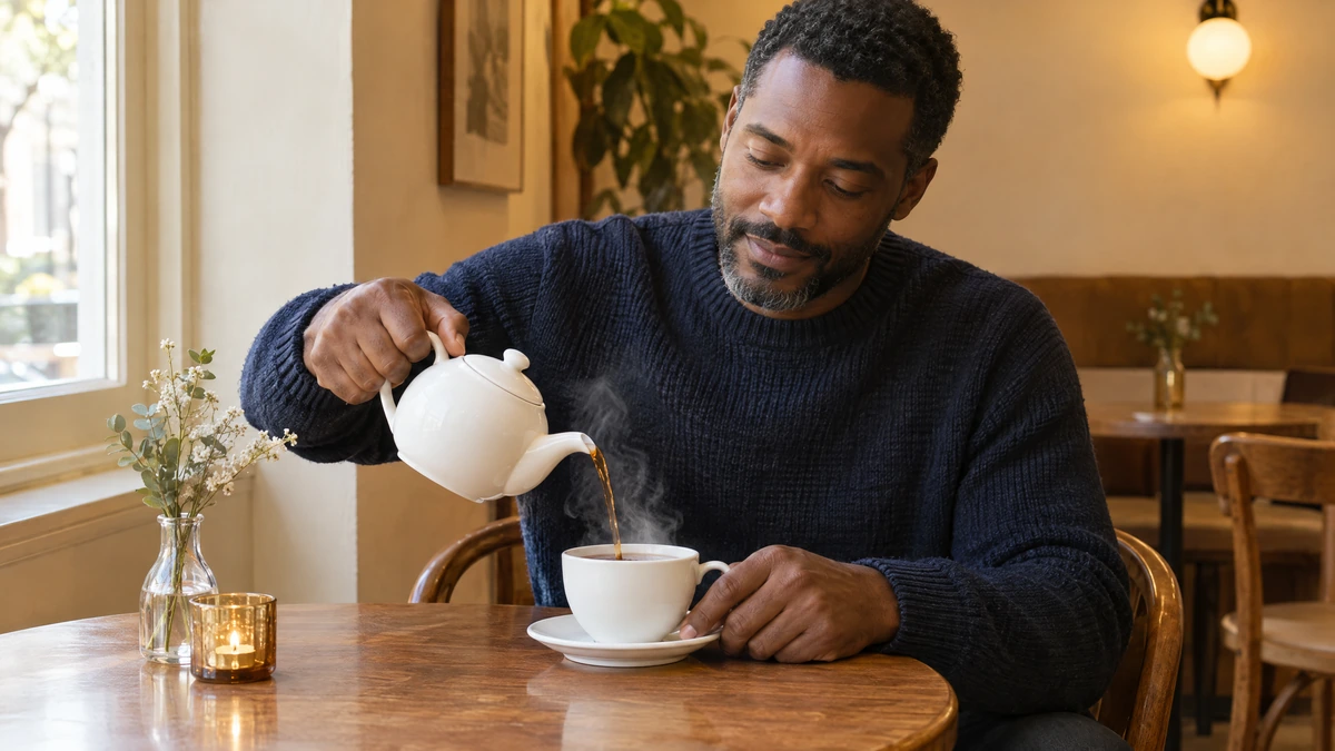 A man in a navy sweater pours black tea into a white cup at a cafe table, Piton Noir Botanicals Boston