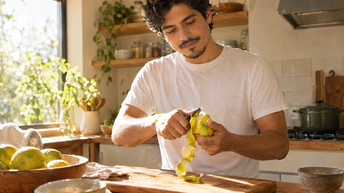 A man peels a yellow-green citrus fruit over a cutting board in a bright kitchen, Piton Noir Botanicals Boston