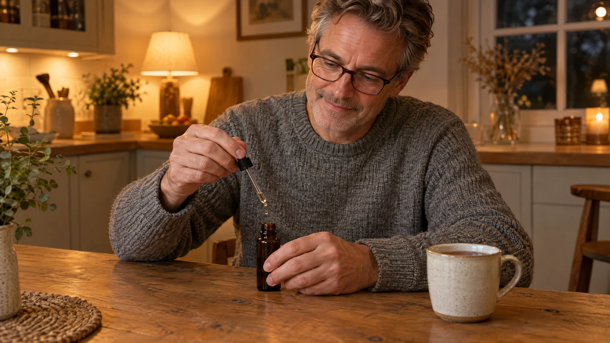 A man counts drops into a small amber bottle at a kitchen table in evening lamplight, Piton Noir Botanicals Boston