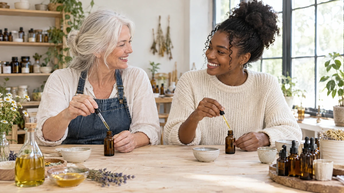 Two women blend oils into small amber bottles side by side at a long workshop table in daylight, Piton Noir Botanicals Boston