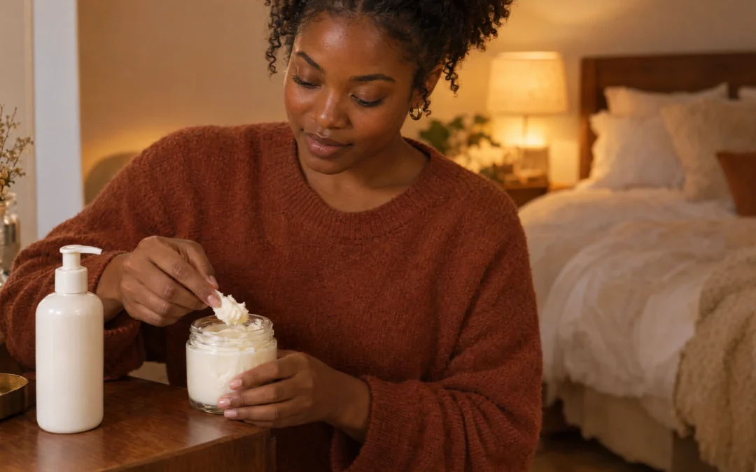 A woman scoops a rich body butter from a jar at her bedroom dresser in evening light, Piton Noir Botanicals Boston