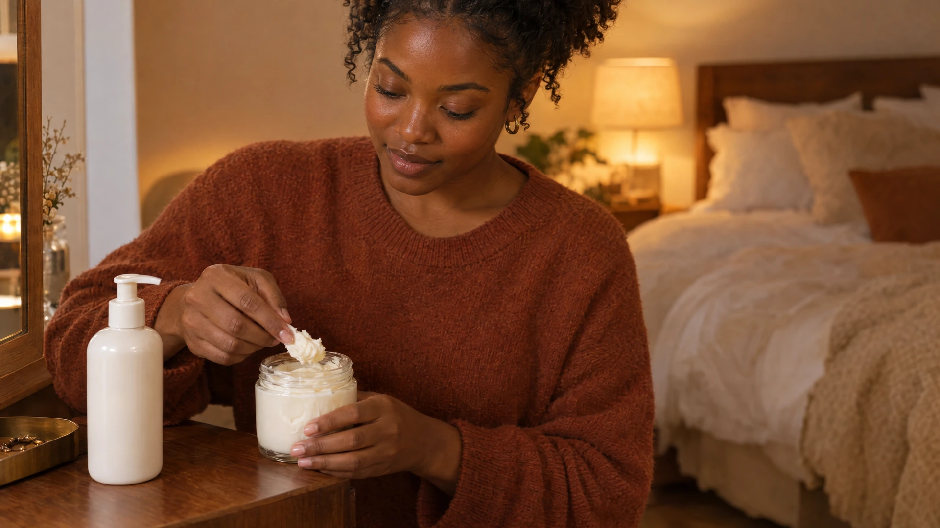 A woman scoops a rich body butter from a jar at her bedroom dresser in evening light, Piton Noir Botanicals Boston