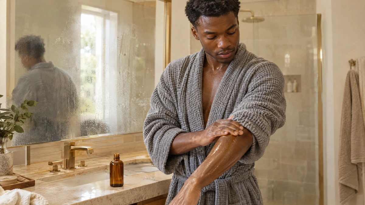 A young man presses body oil into his forearm after a shower, Piton Noir Botanicals Boston