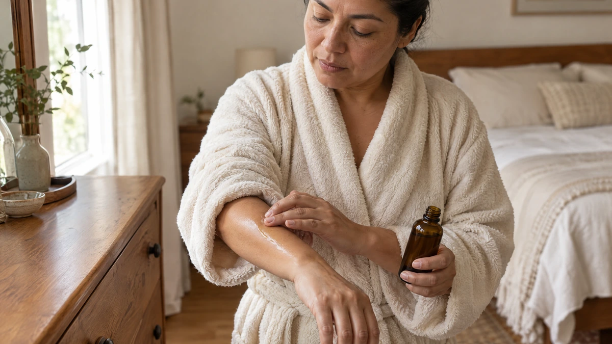 A woman in a cream robe tied closed presses body oil into her forearm at a bedroom dresser, Piton Noir Botanicals Boston