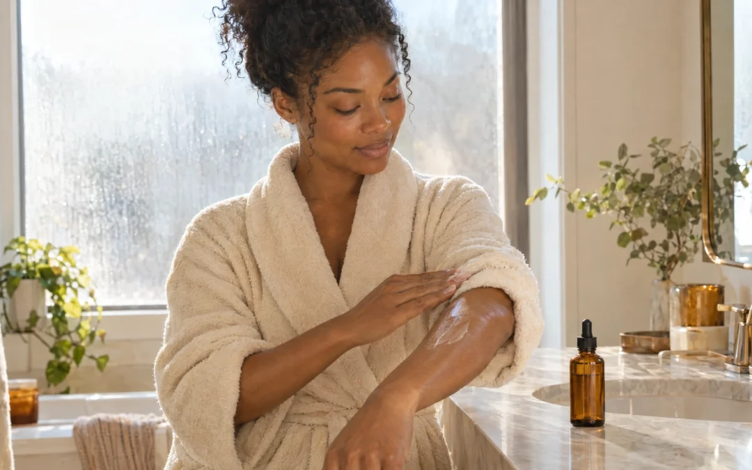 A woman in a cream robe smooths lotion onto her forearm at a bathroom vanity, Piton Noir Botanicals Boston