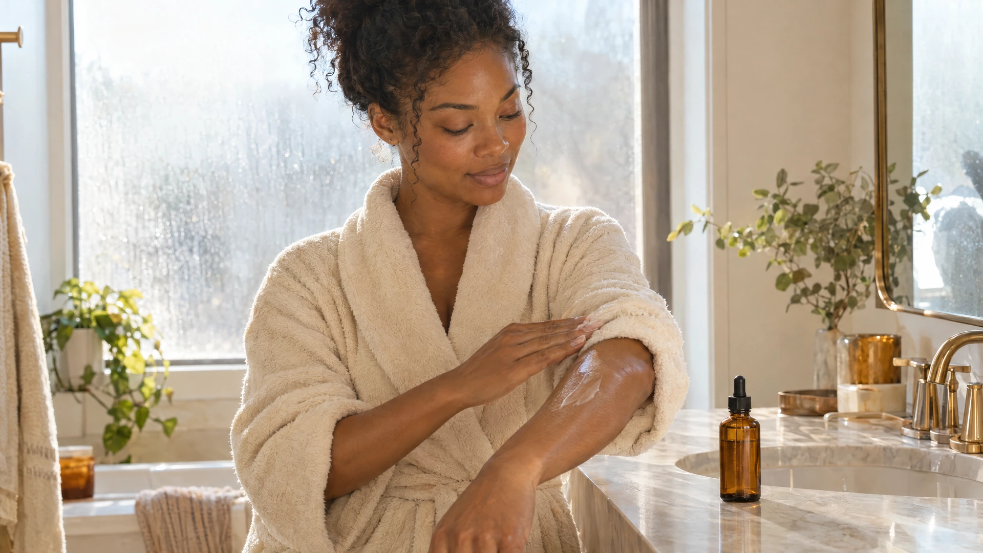 A woman in a cream robe smooths lotion onto her forearm at a bathroom vanity, Piton Noir Botanicals Boston