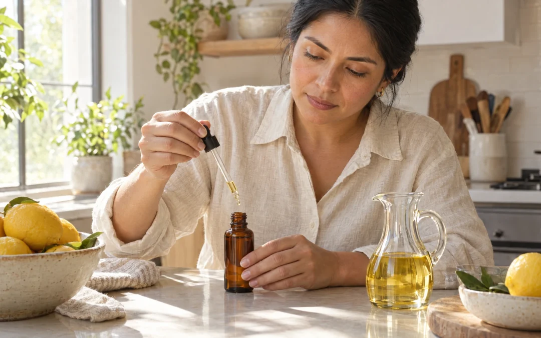 A woman adds drops of essential oil to an amber bottle of carrier oil at her kitchen counter, Piton Noir Botanicals Boston