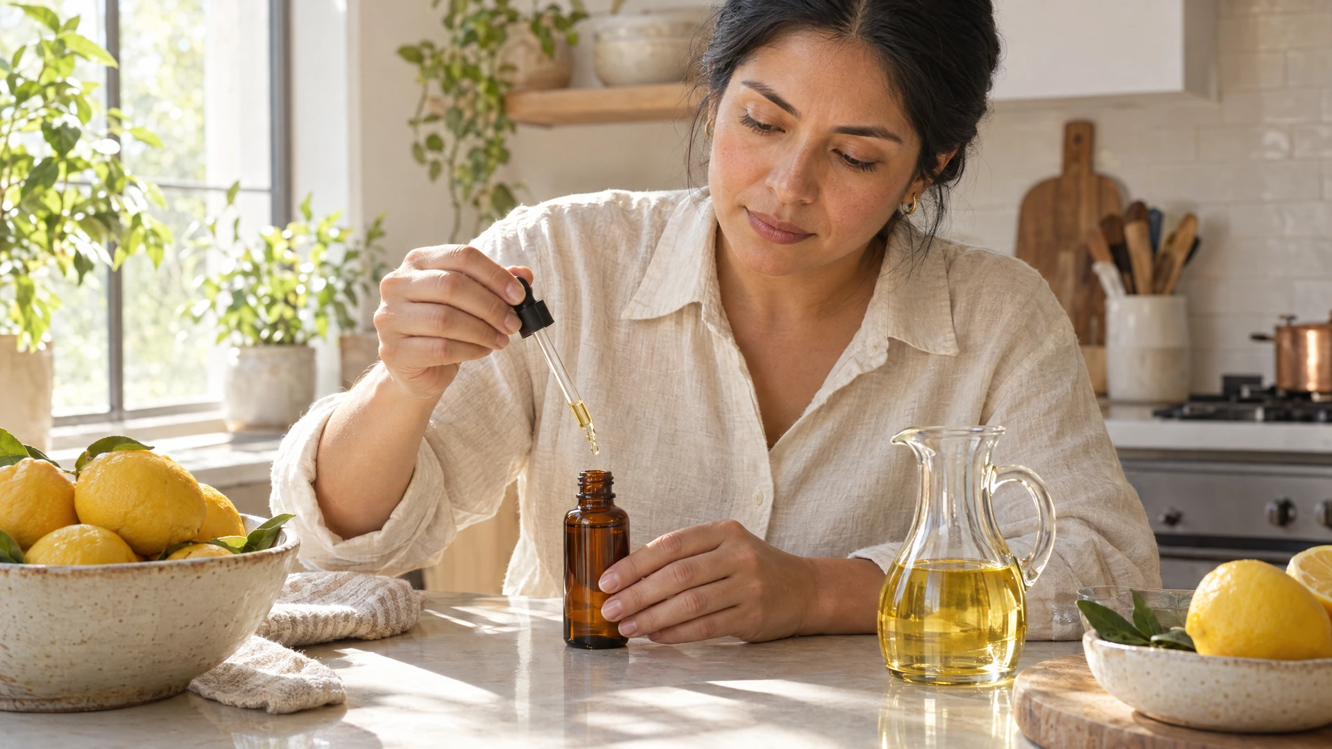 A woman adds drops of essential oil to an amber bottle of carrier oil at her kitchen counter, Piton Noir Botanicals Boston