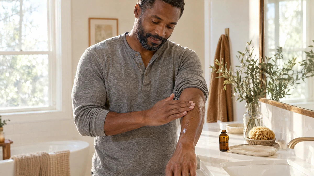 A man smooths a few drops of oil along his forearm at a bright bathroom counter, Piton Noir Botanicals Boston