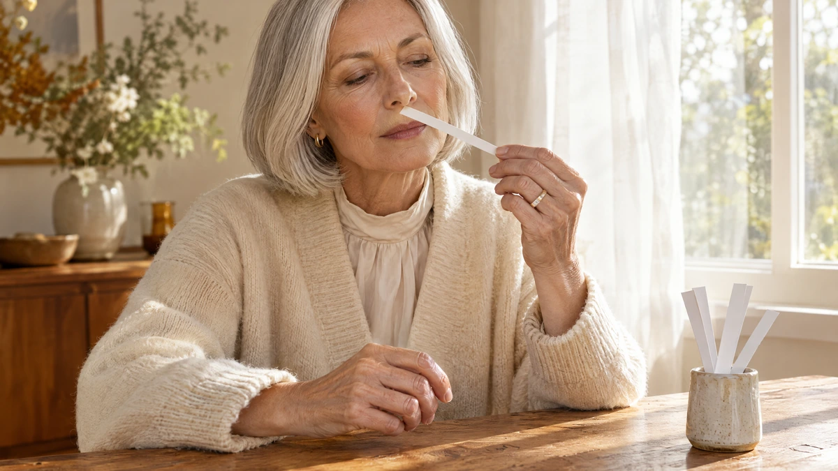 A woman with a silver bob smells a paper scent strip at a sunlit worktable, Piton Noir Botanicals Boston
